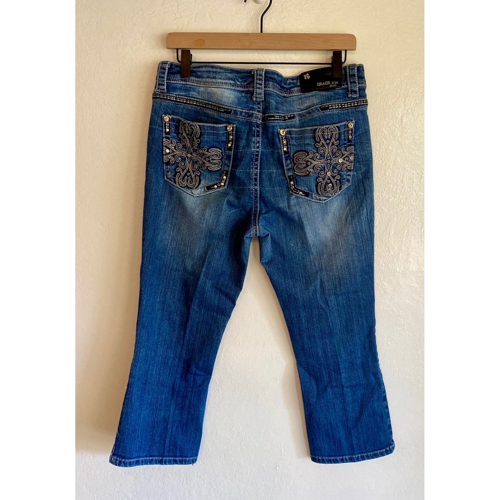Grace in LA Jeans Embellished Pocket Cropped Flare Bootcut Blue Denim 11M VGUC